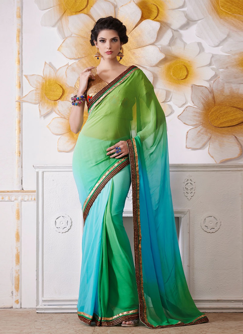 Green And Blue Embroidery Work Designer Saree