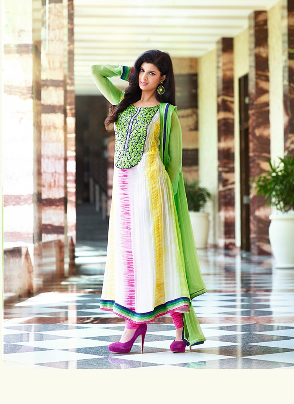 Green And Off White Resham Work Net Anarkali Salwar Suit