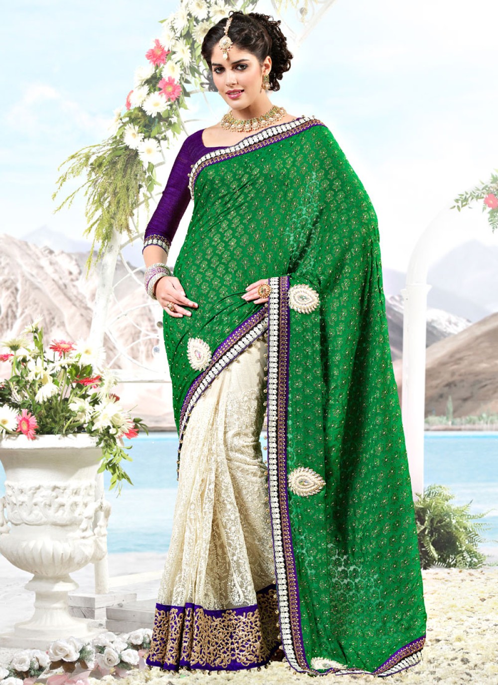 Green and Off White Viscose and Net Saree