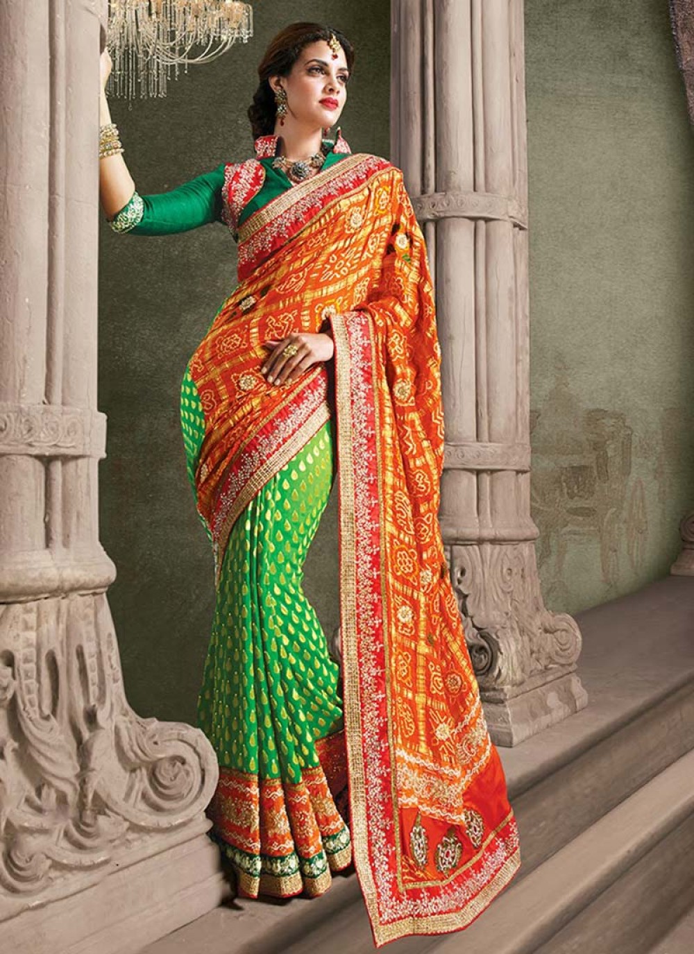 Orange & Green Traditional Half Saree - ANJU SHANKAR LABEL