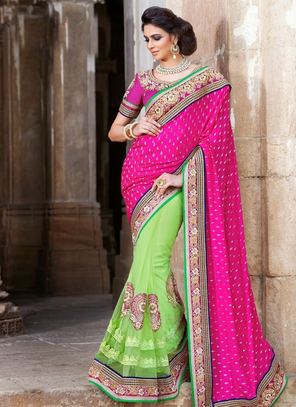 Green And Pink Georgette Saree