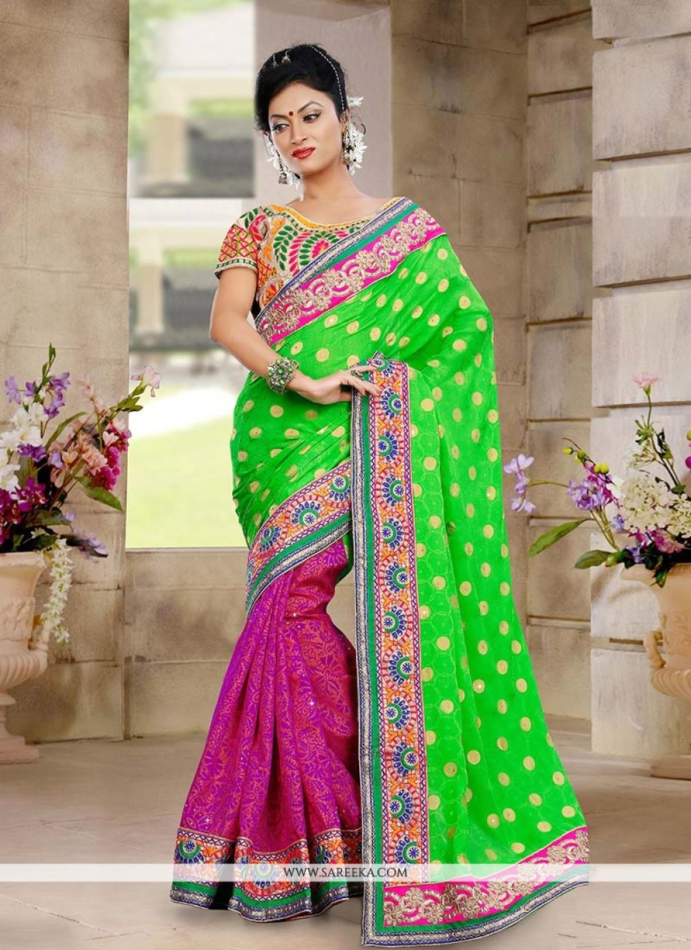 Green And Pink Half And Half Designer Saree