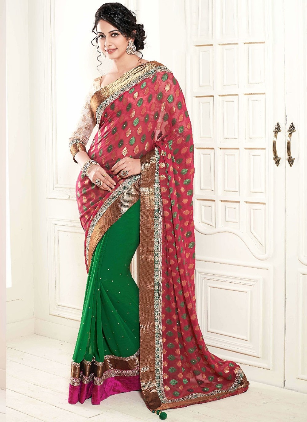 Green And Red Embroidery Faux Georgette Designer Saree