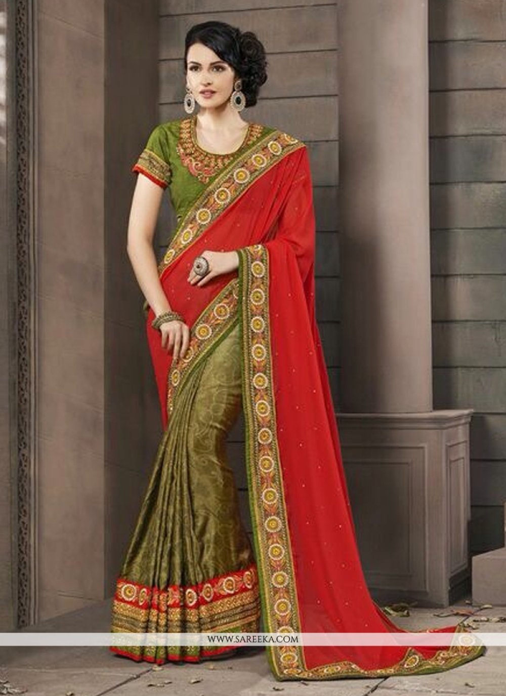Green And Red Jacquard Silk Designer Saree