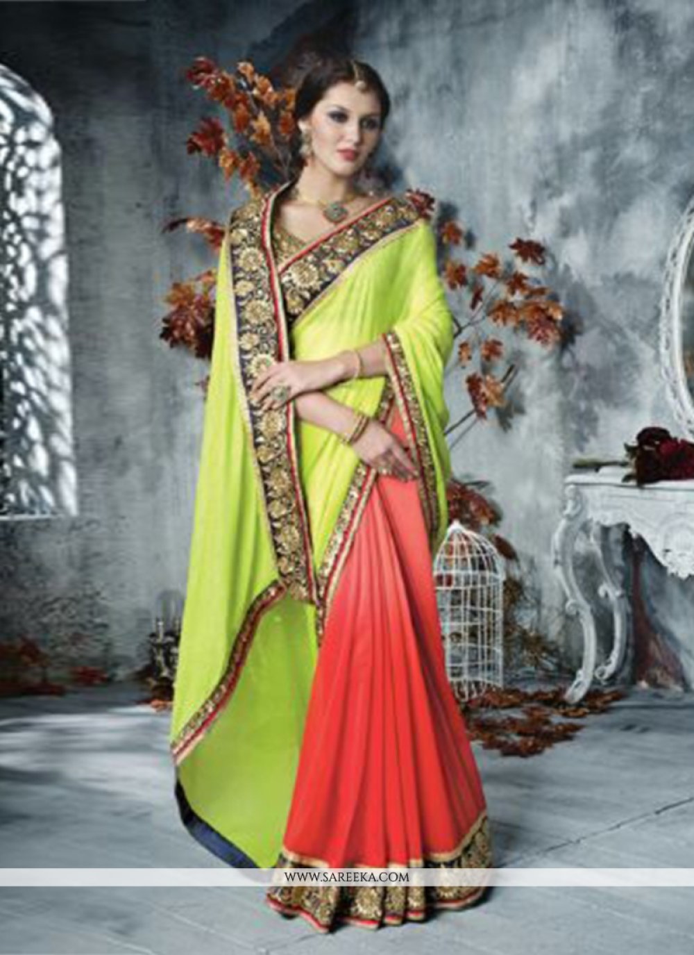 Green And Red Shaded Georgette Saree