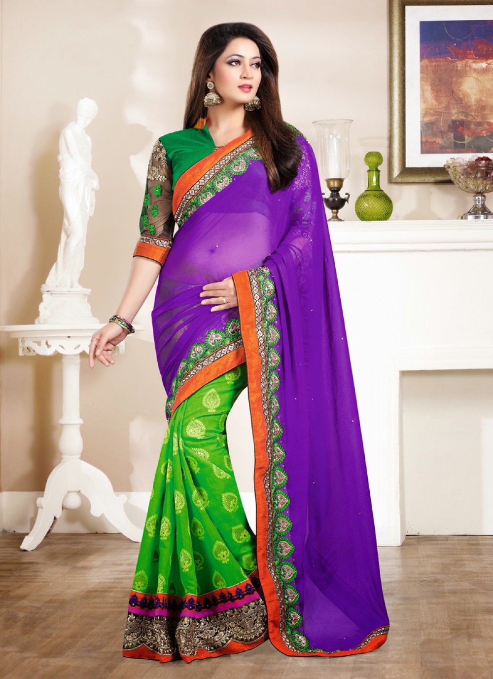 Green And Violet Shade Georgette Saree