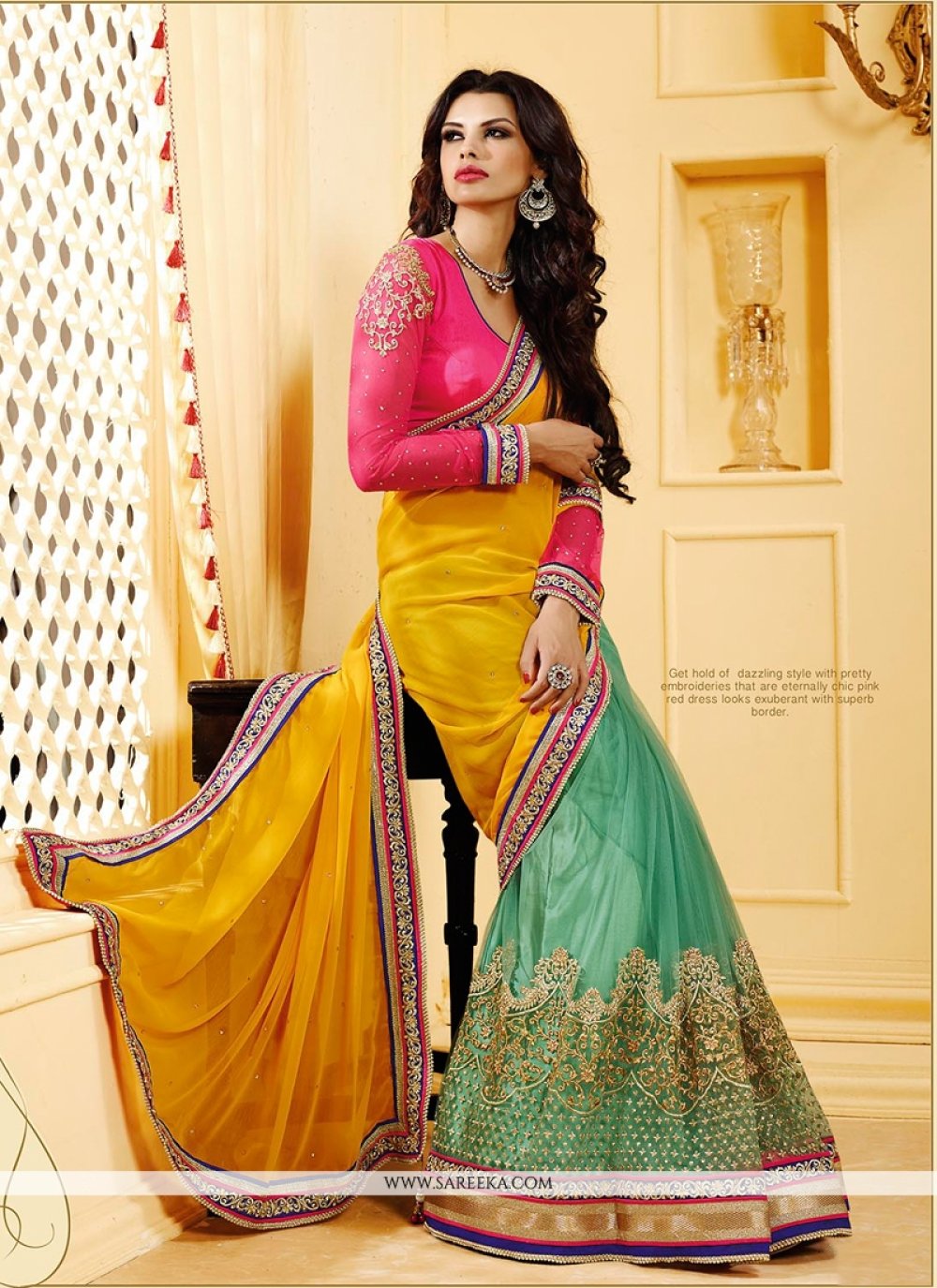 Green And Yellow Net And Georgette Saree