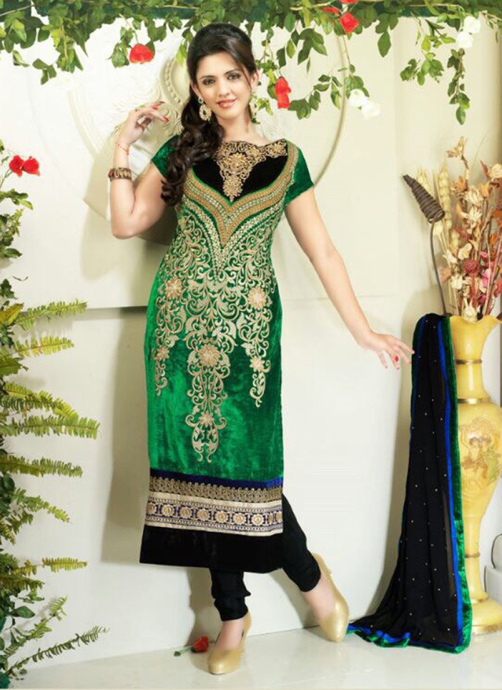 Green Embroidery Work Churidar Suit