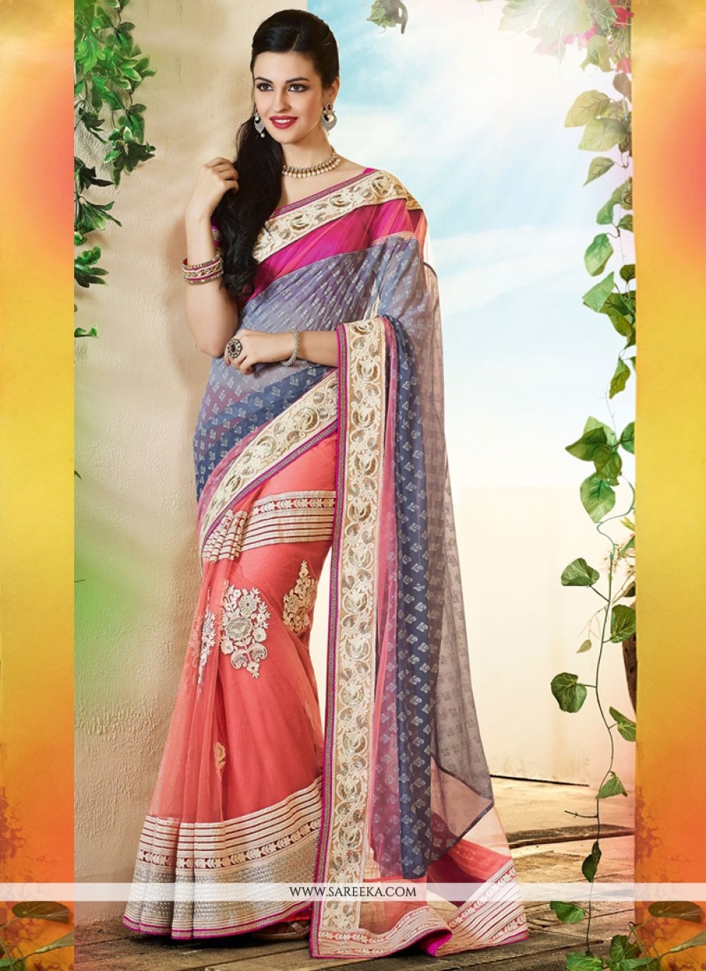 Grey And Pink Georgette And Net Designer Saree