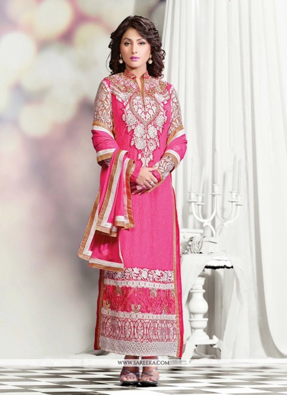 Heena Khan Pink Georgette Churidar Suit