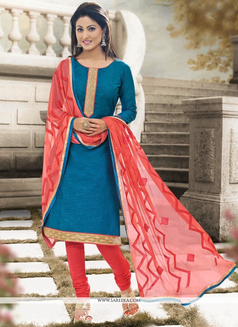 Hina Khan Blue Cotton Churidar Designer Suit -