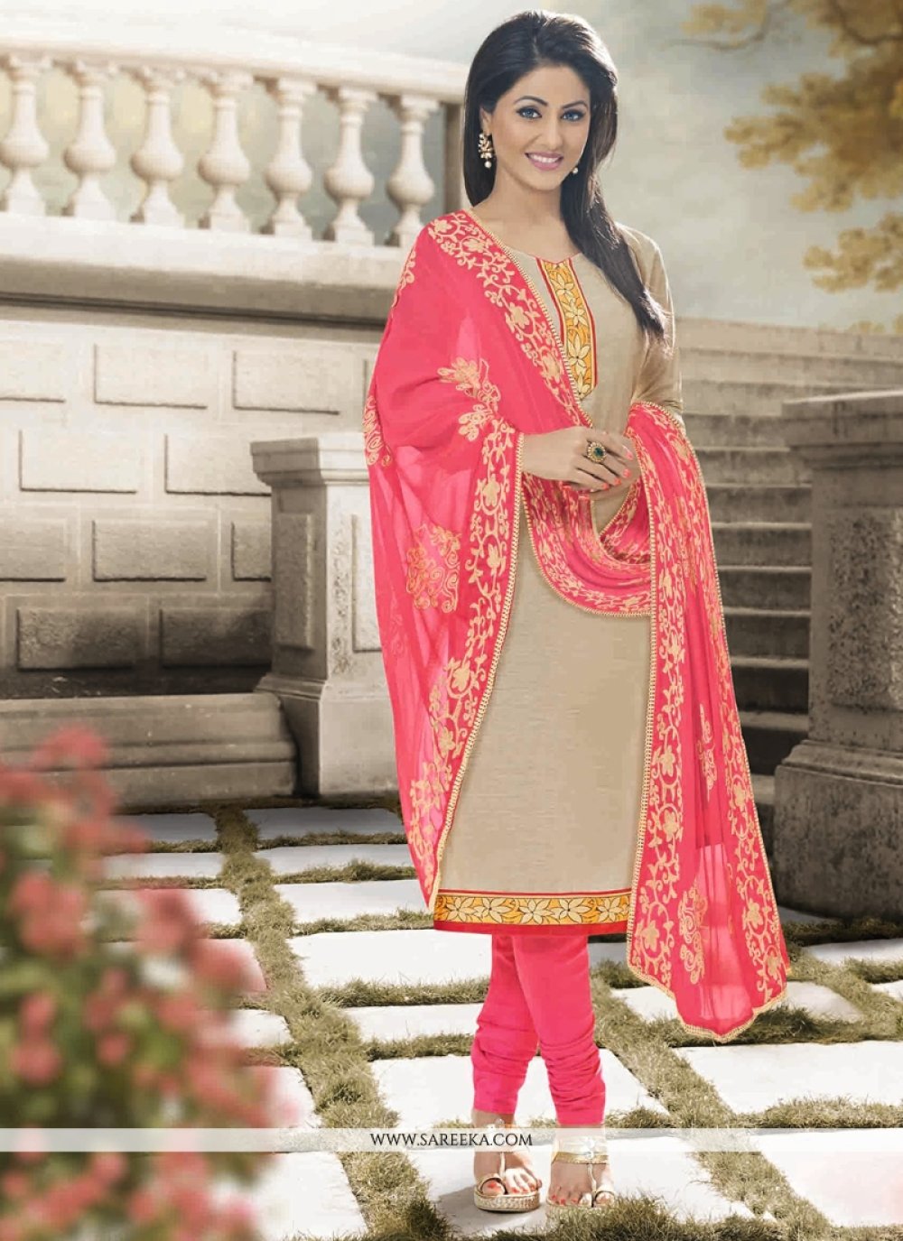 Hina Khan Lace Work Beige Churidar Designer Suit