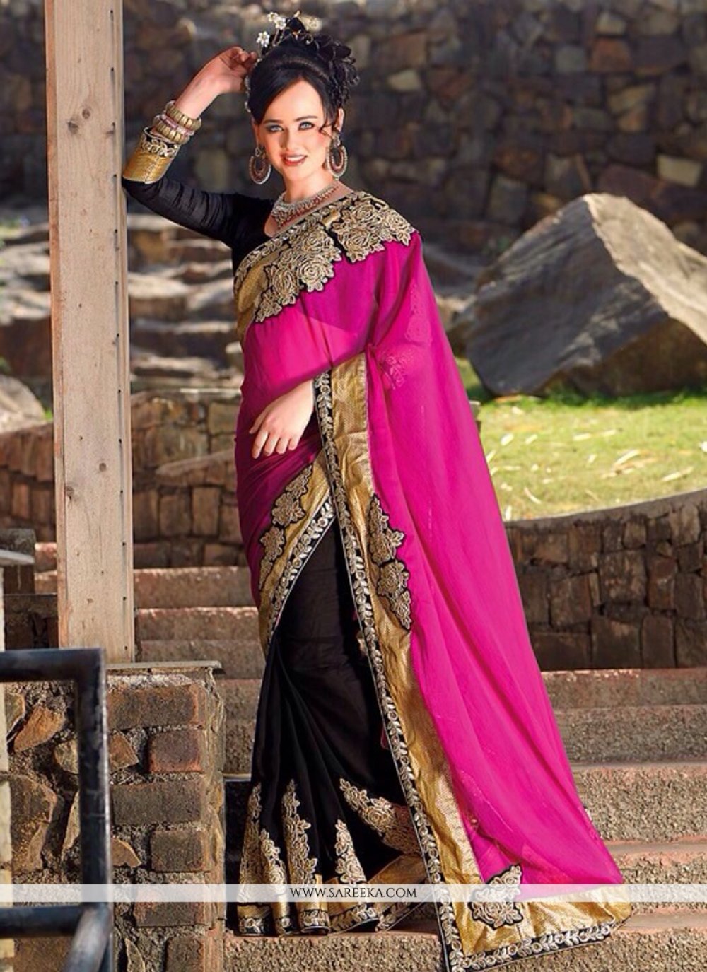 Hot Pink And Black Georgette Half And Half Saree