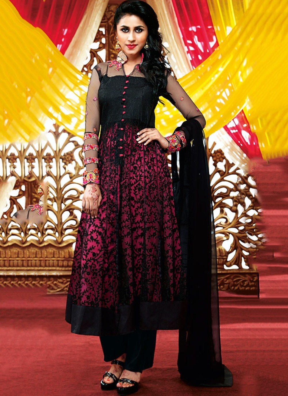 Hot Pink And Black Resham Work Net Georgette Anarkali Suit