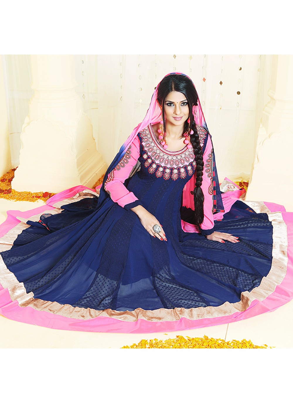 Hot Pink And Blue Embroidery Work Anarkali Salwar Suit