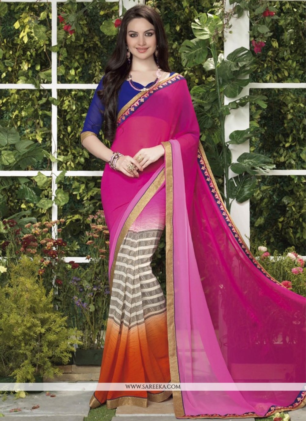 Hot Pink And Cream Shaded Less Georgette Saree