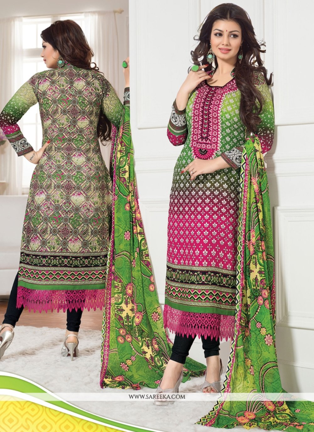 Hot Pink And Green Cotton Churidar Salwar Suit