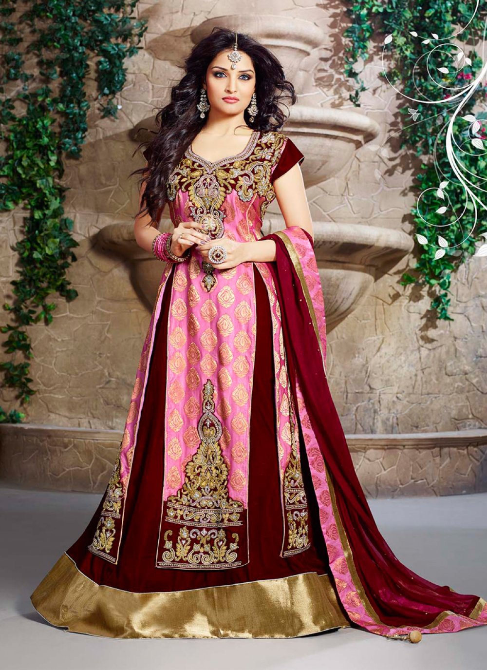 Maroon blouse and baby pink lehenga with rose motif and dupatta set  available only at IBFW