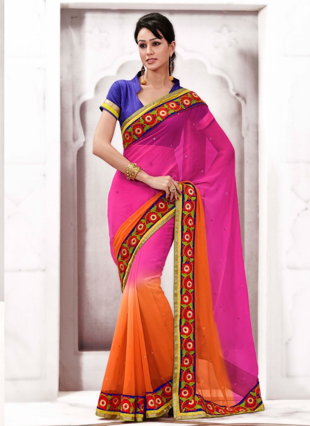 Orange And Pink Banarasi Silk Woven Saree With Blouse Latest 2813SR05