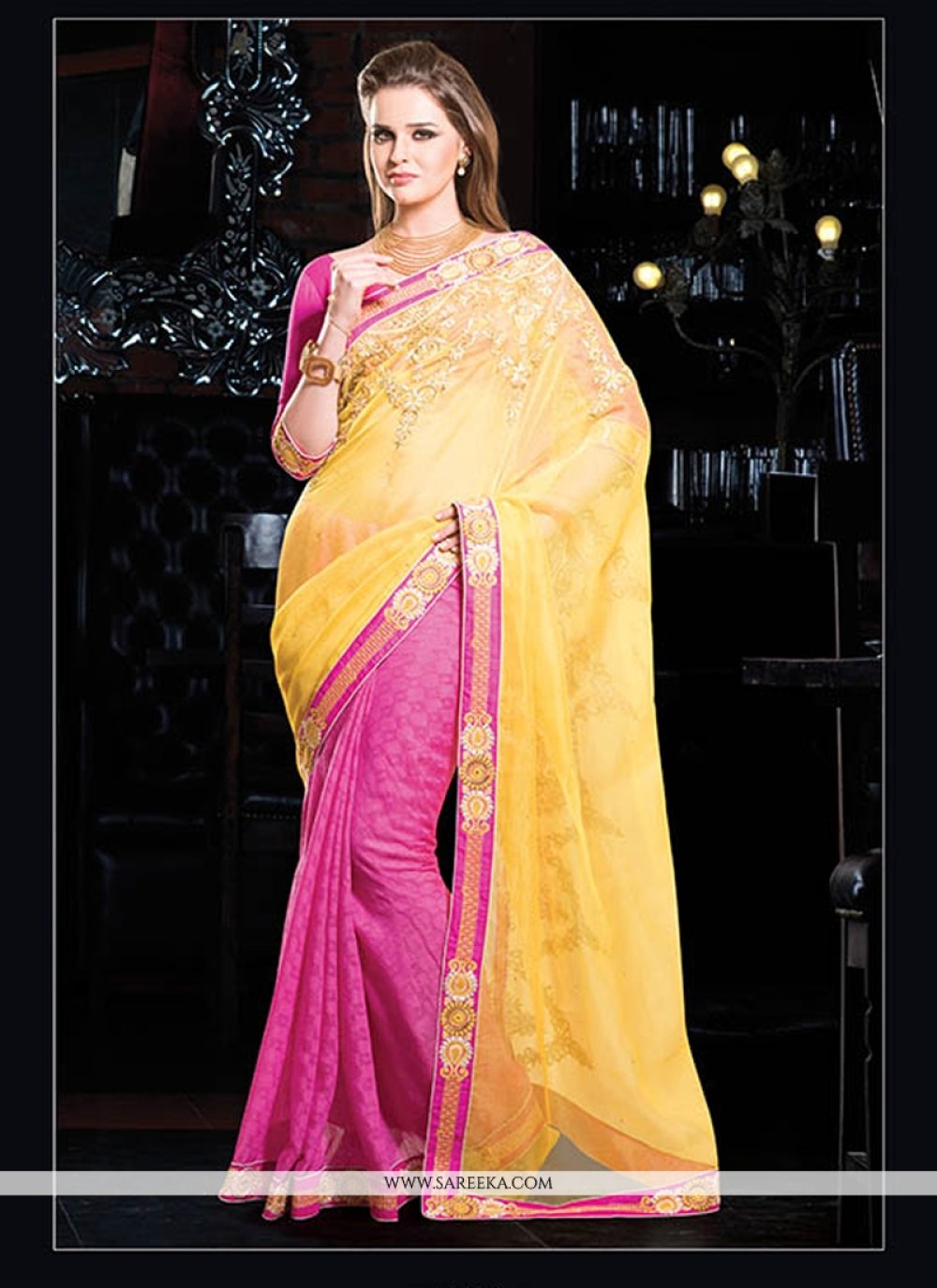 Hot Pink And Yellow Cotton Designer Saree