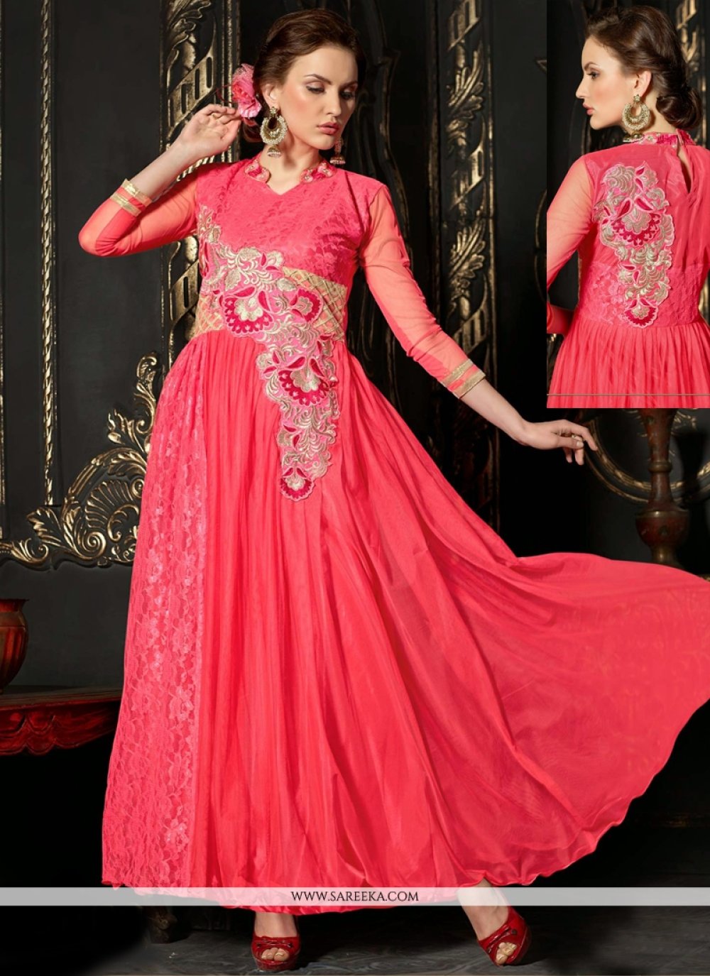 Hot Pink Embroidery Work Net Anarkali Suit