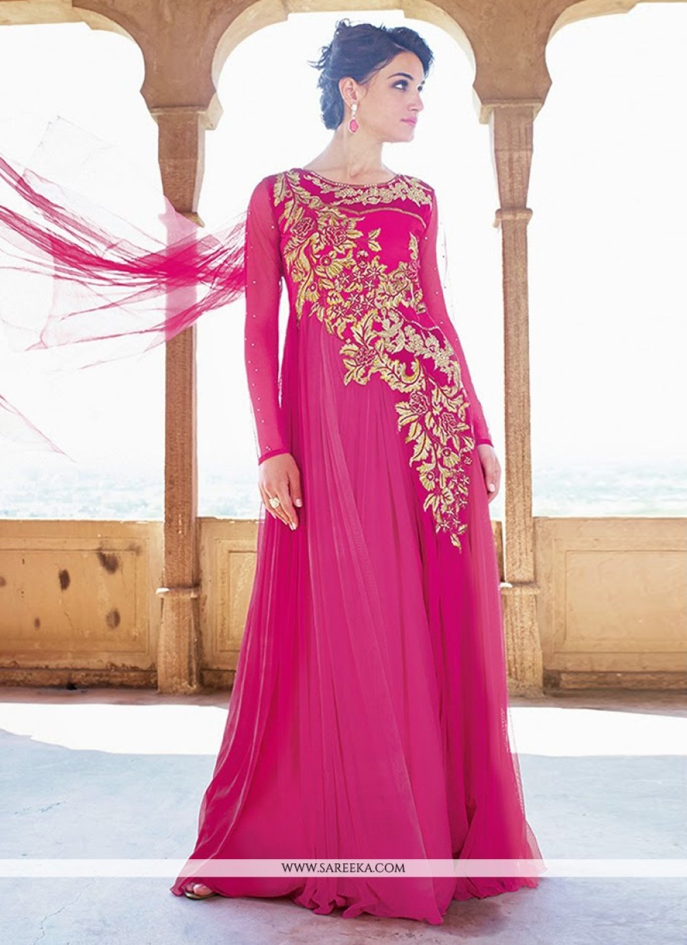 Hot Pink Net Designer Gown -