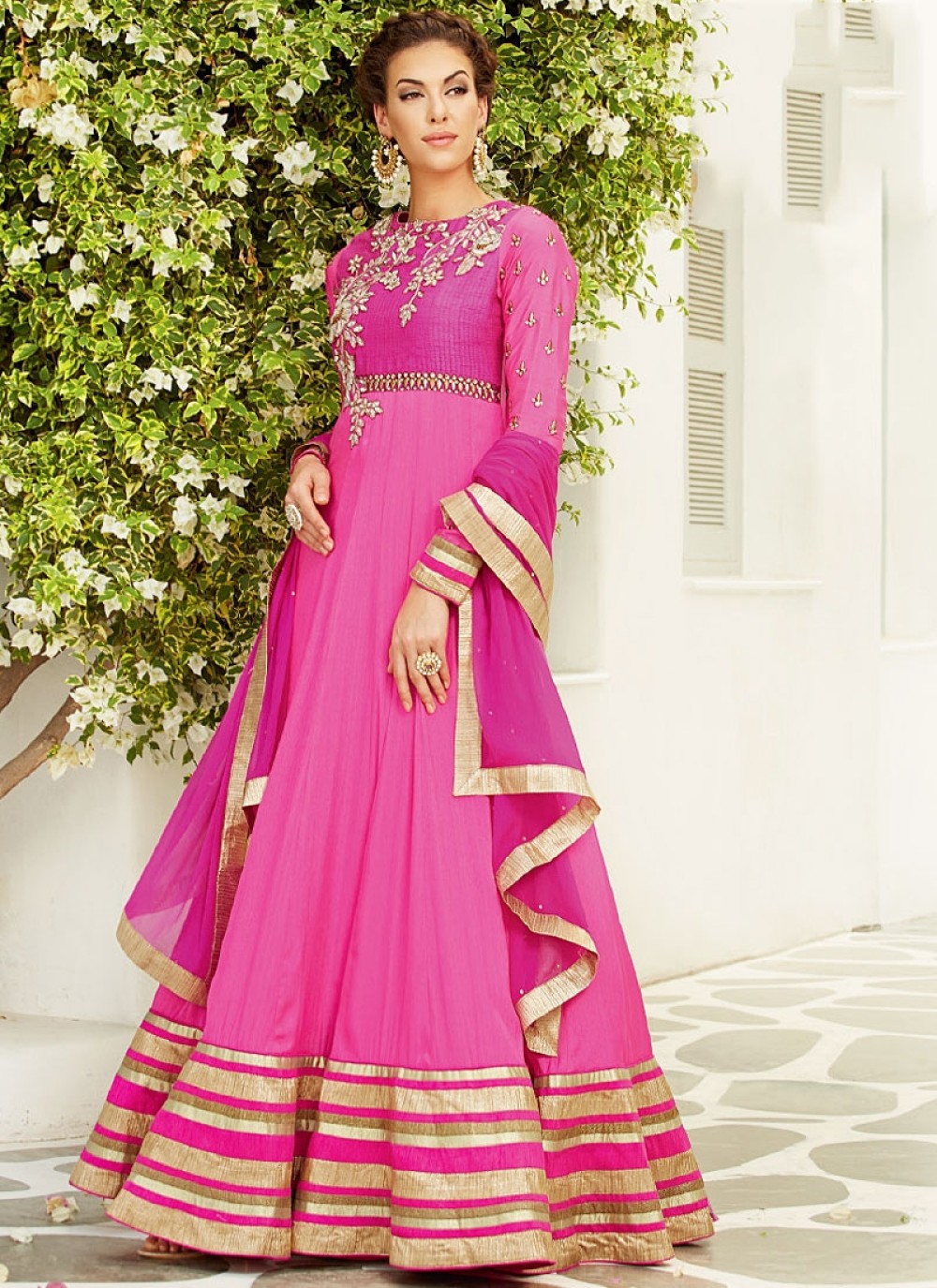 Hot Pink Patch Border Work Satin And Silk Anarkali Suit