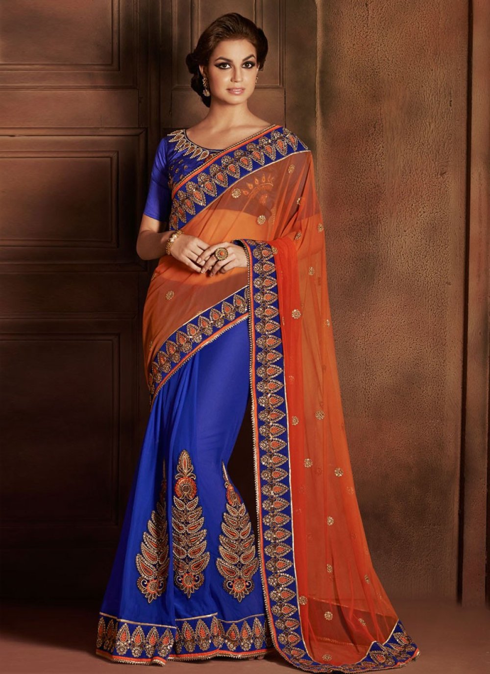 Orange and magenta stripe georgette saree - G3-WSA54084 | G3fashion.com