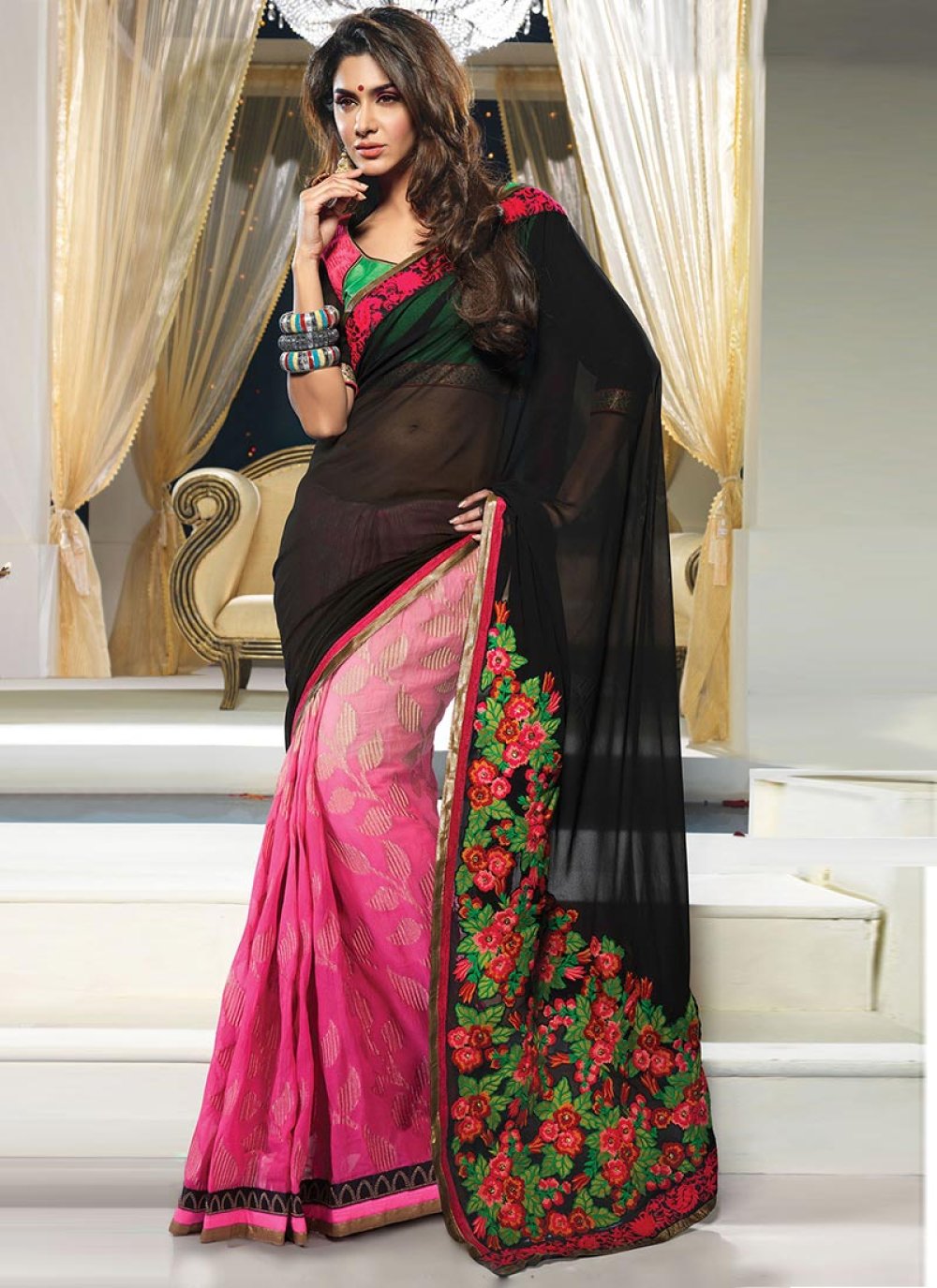 Black and Hot Pink Bandhej Saree in Silk with Weaving work on Sale, Upto  45% OFF -