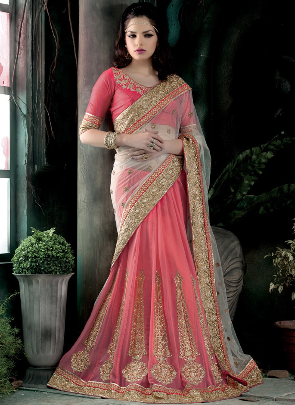 Bridal Net Elegant Rani Pink Designer Lehenga Saree With Blouse Piece