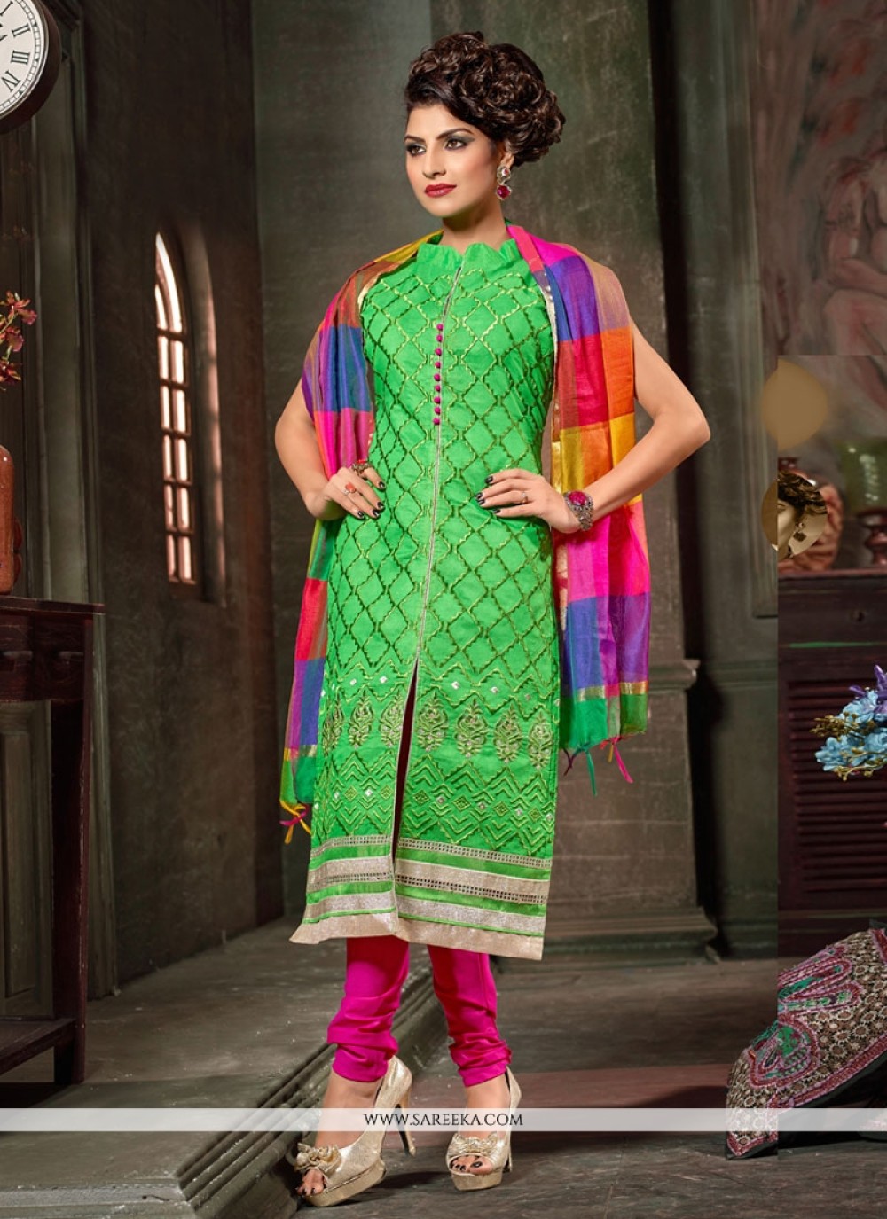 Lace Work Chanderi Churidar Designer Suit