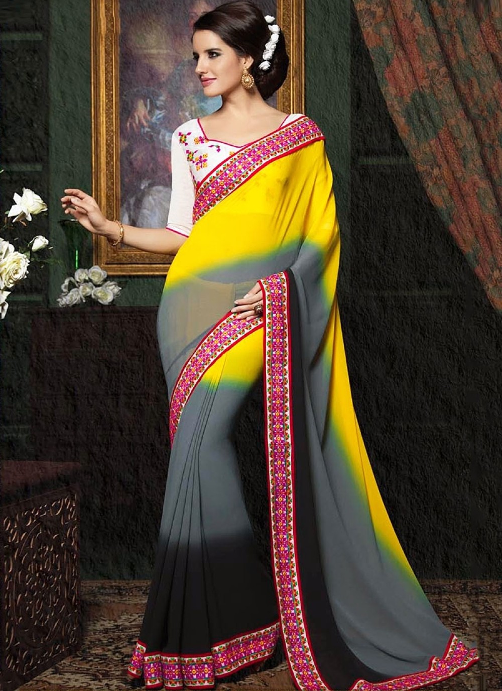 Saree : Multicolor georgette fancy print casual wear saree