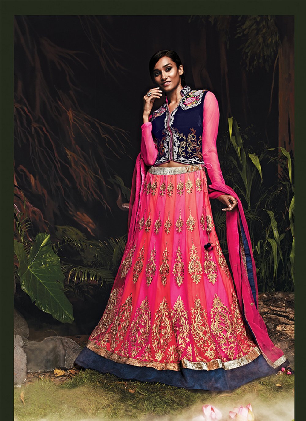 Buy Embroidered Work Navy Blue and Rose Pink Lehenga Choli Online
