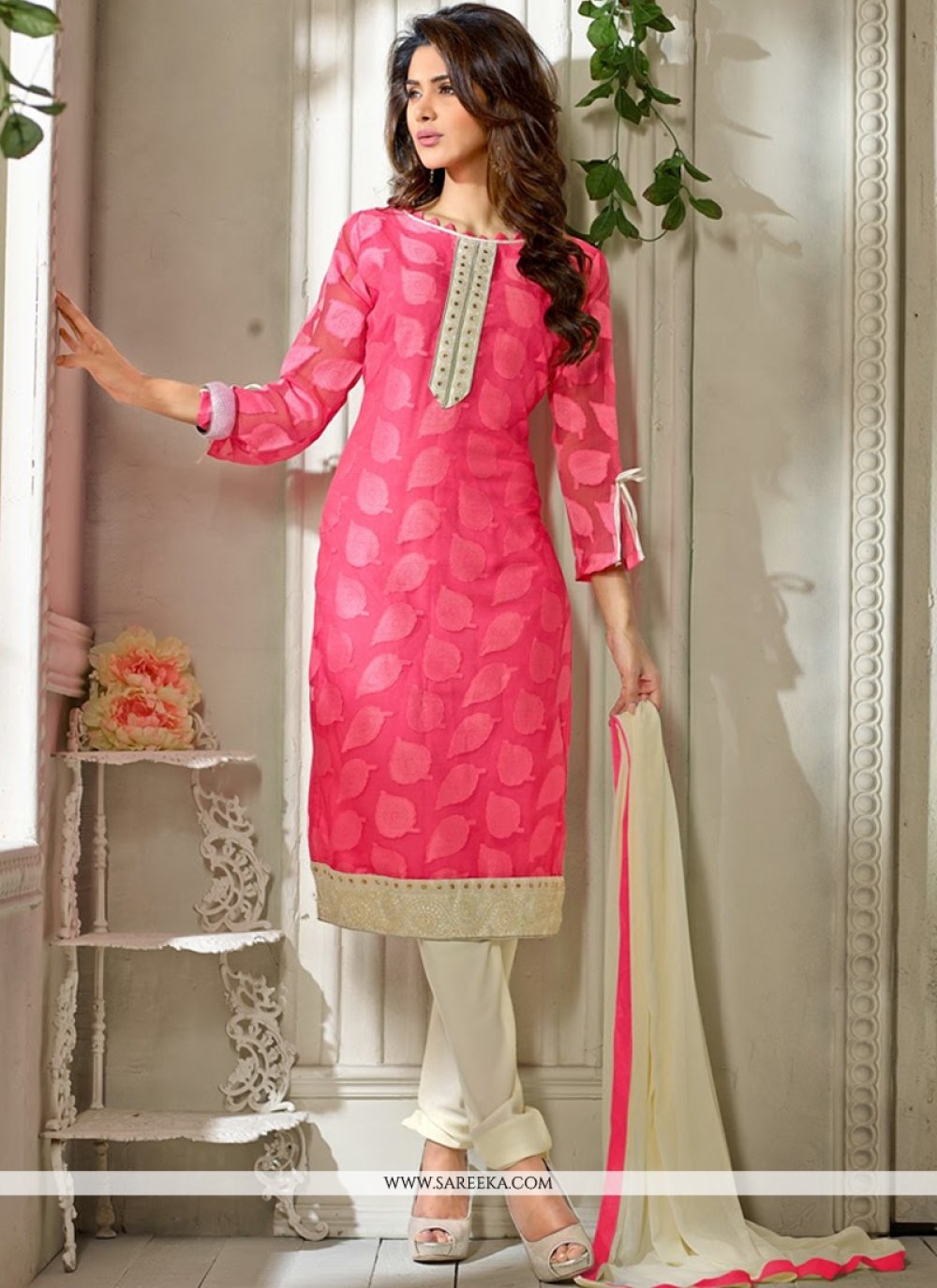 Jaaz Pink Pure Jacquard Churidar Suit