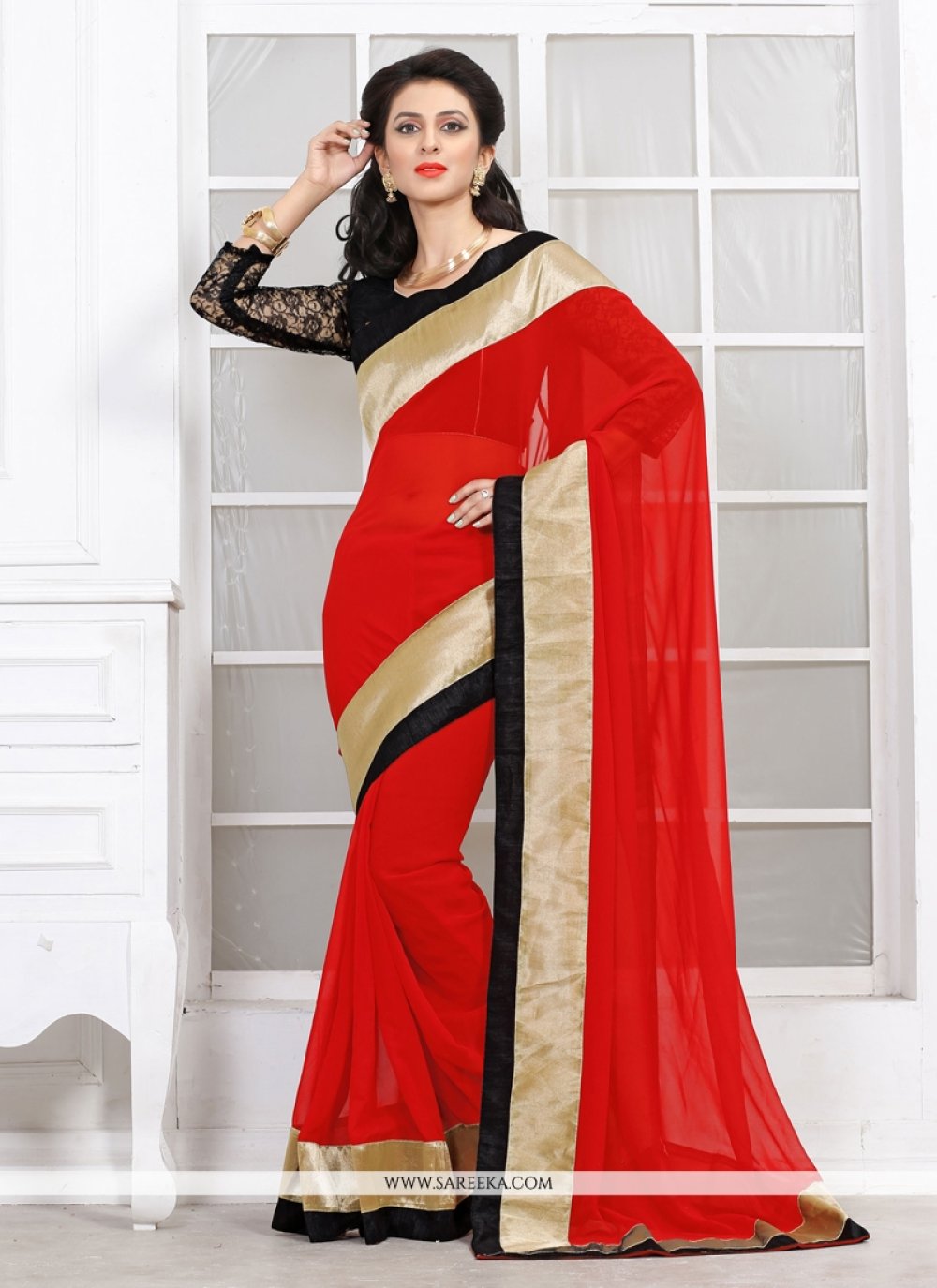 Jaaz Red Georgette Casual Saree