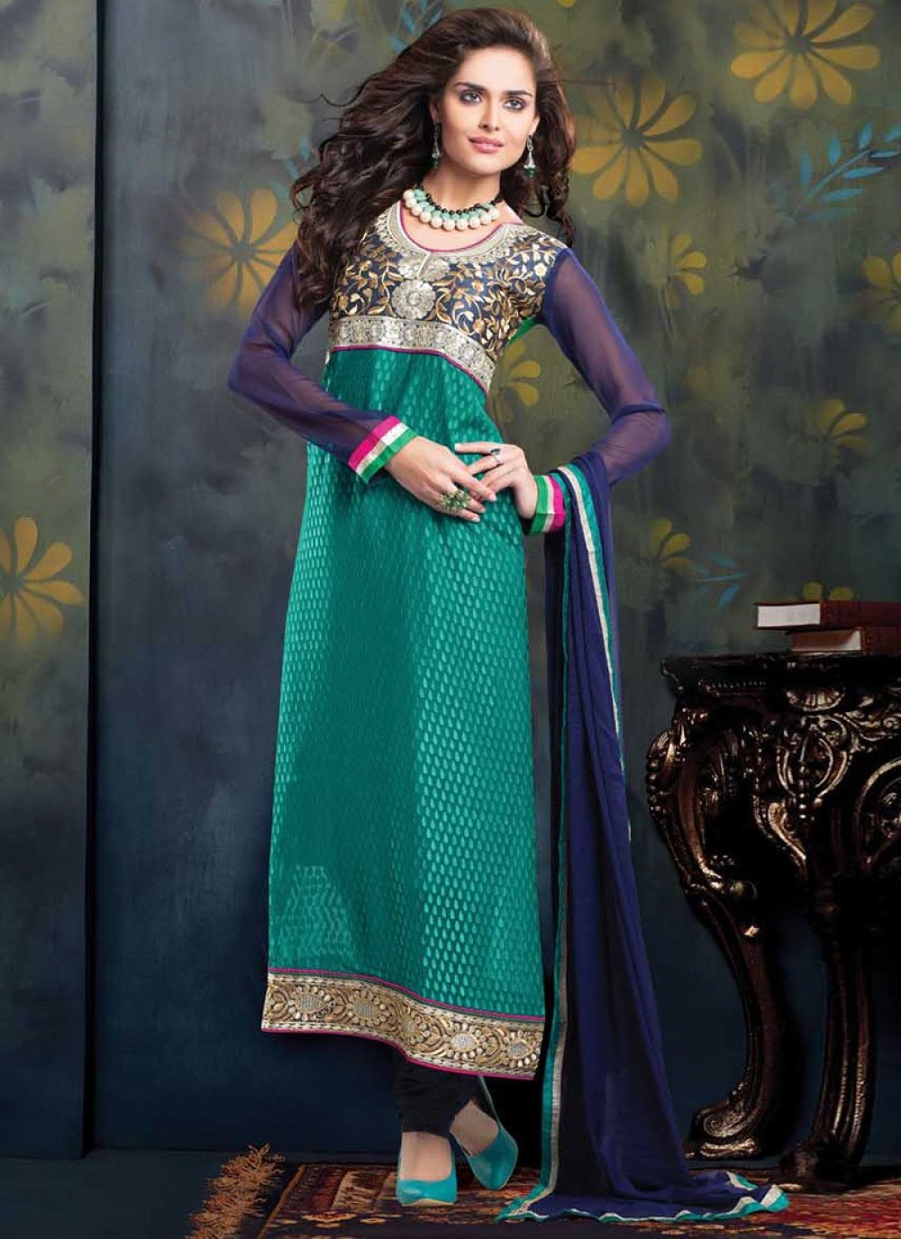 Jaaz Teal Green Shaded Embroidered Long Churidar Suit