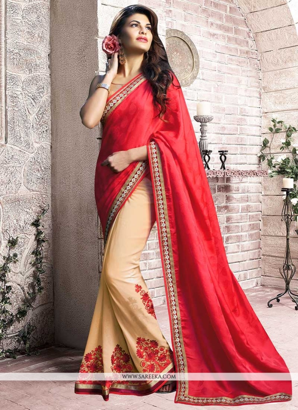 Jacqueline Fernandez looks royal in Traditional Red Saree with diamond  studs and kadas! - BridalTweet Wedding Forum & Vendor Directory