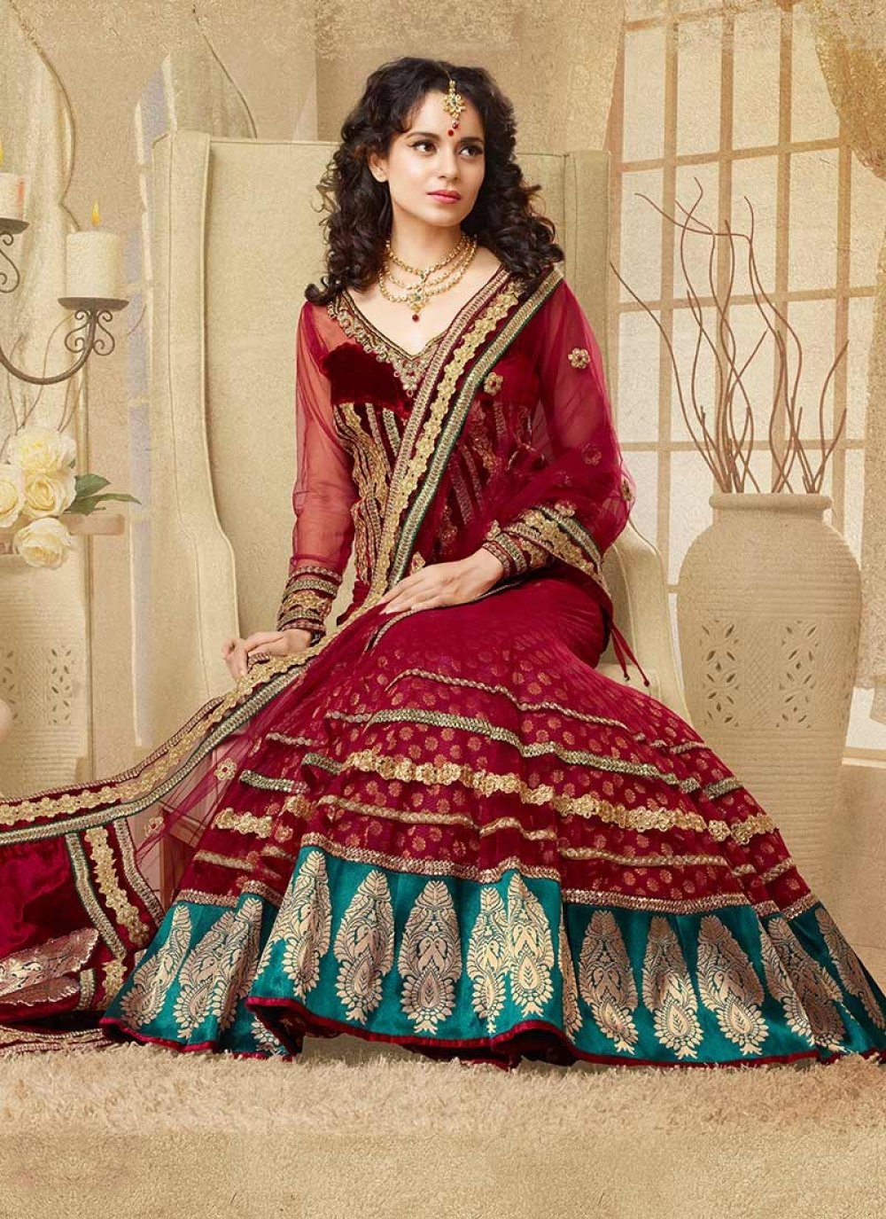 Kangana Ranaut Red Embroidery Net Lehenga Choli