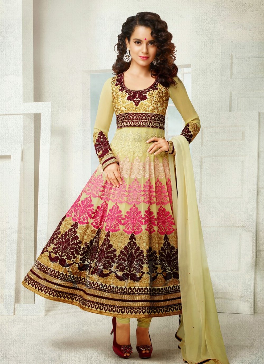 Kangana Ranaut Yellow And Cream Embroidery Anarkali Suit - Designer Salwar