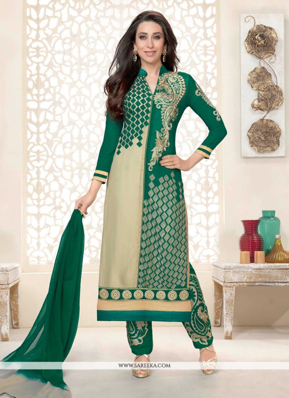 Karishma Kapoor Green And Cream Pant Style Suit
