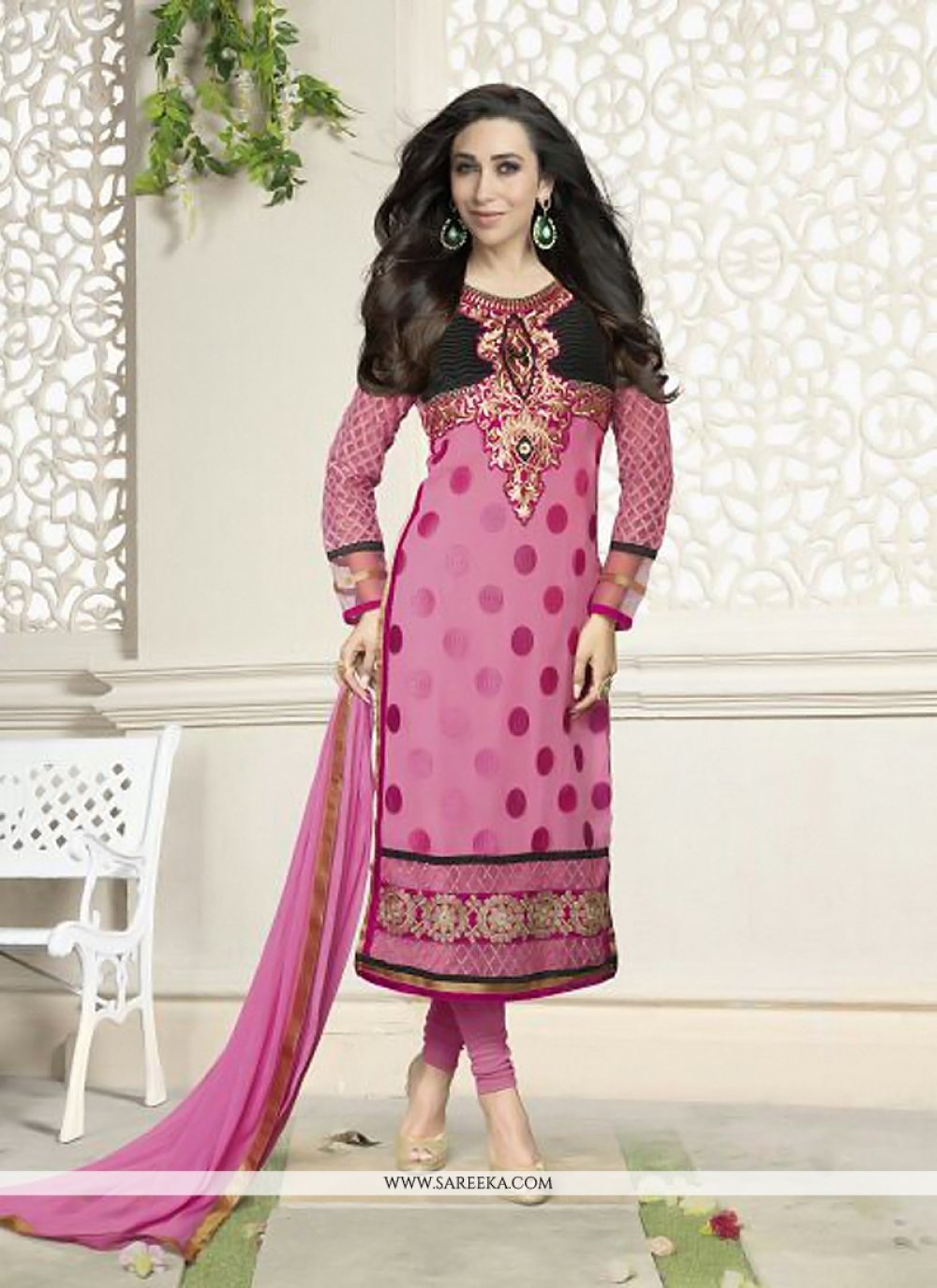 Karishma Kapoor Pink Embroidery Work Churidar Suit