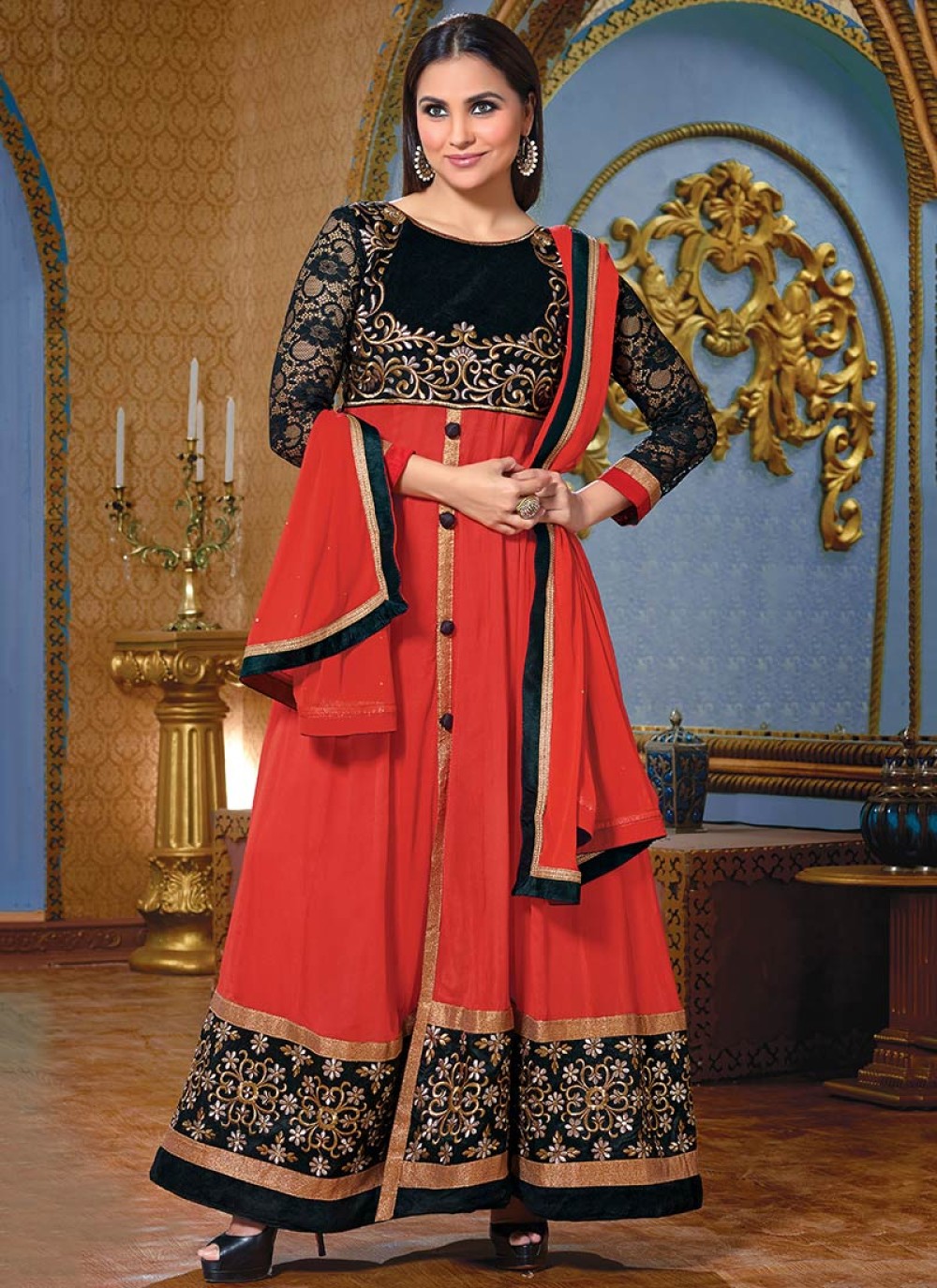 Lara Dutta Red Embroidery Ankle Anarkali Suit