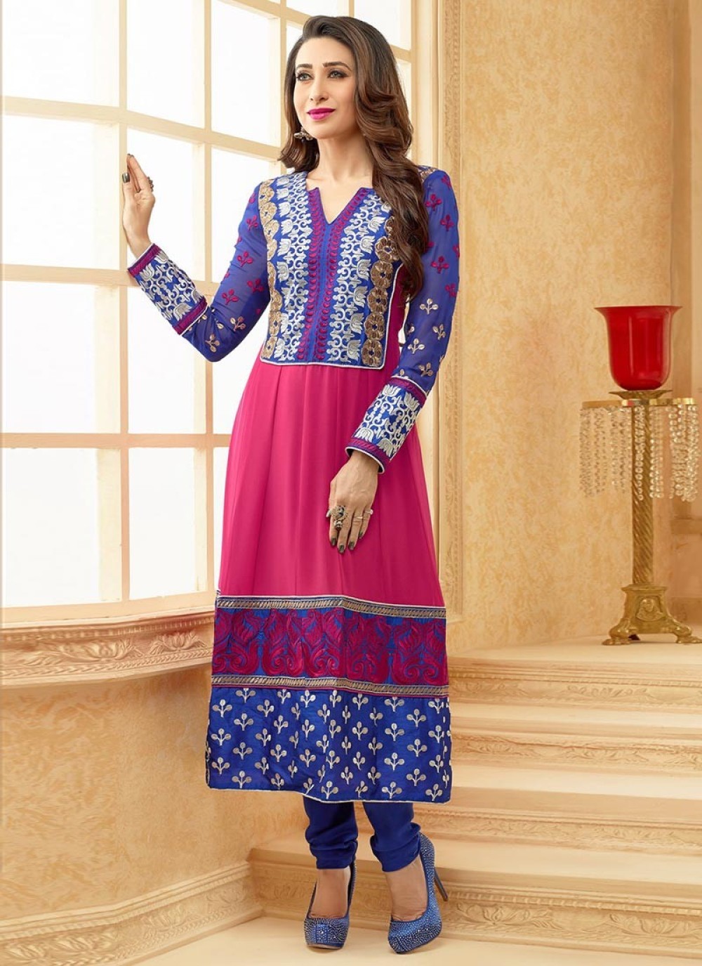 Blue And Pink Embroidered Resham Work Churidar Suit