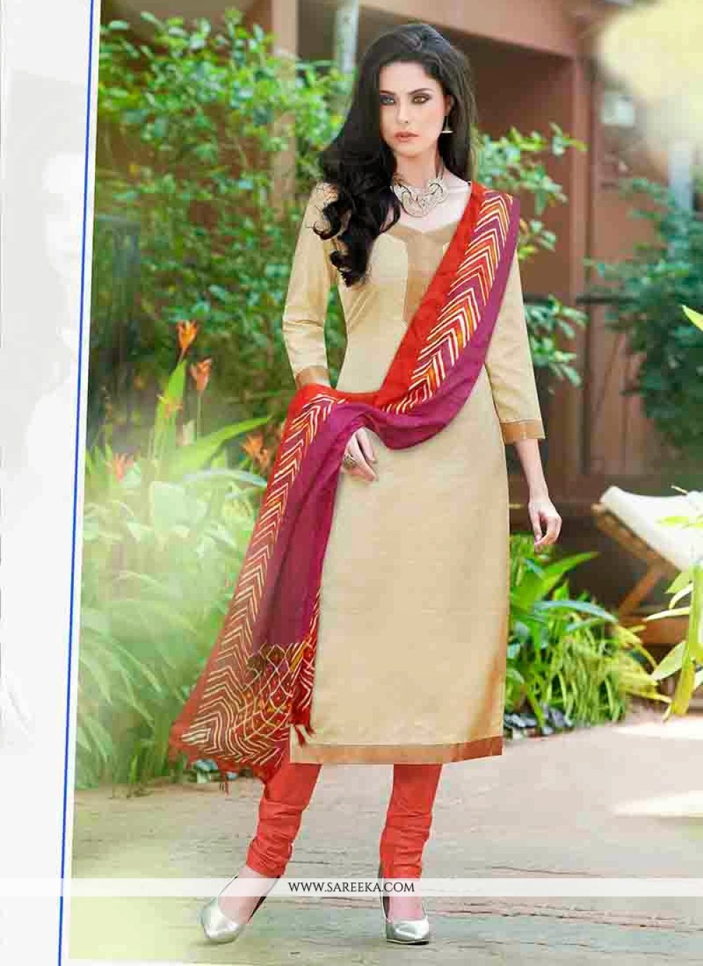 Cream Bhagalpuri Silk Churidar Suit