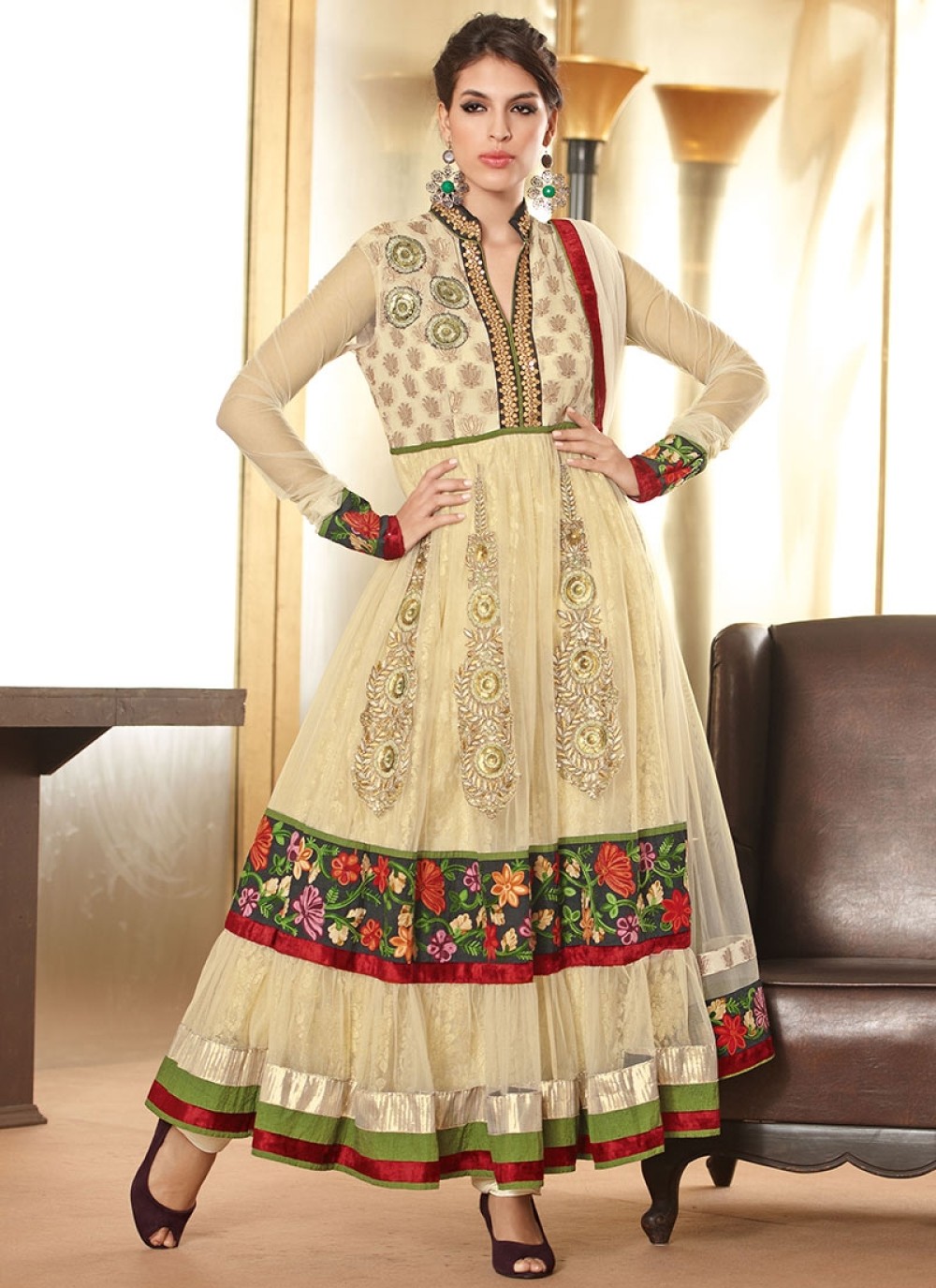Cream Anarkali Suit with Gold Silk Koti (OA-22) | Rozina Online Store