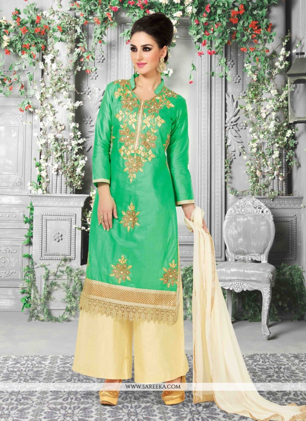 Embroidered Work Cotton Satin Palazzo Suit