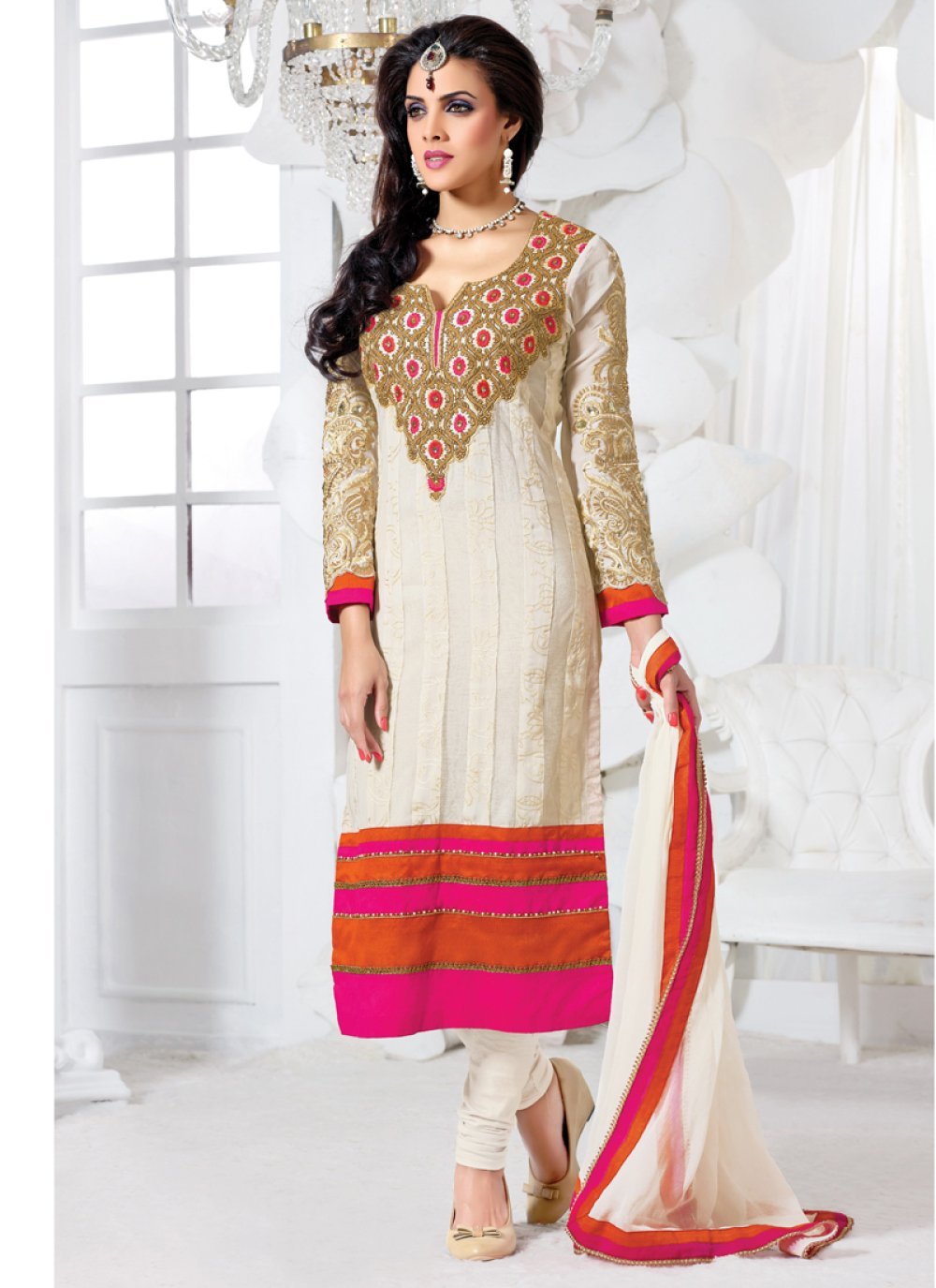 Off White Embroidery Churidar Suit