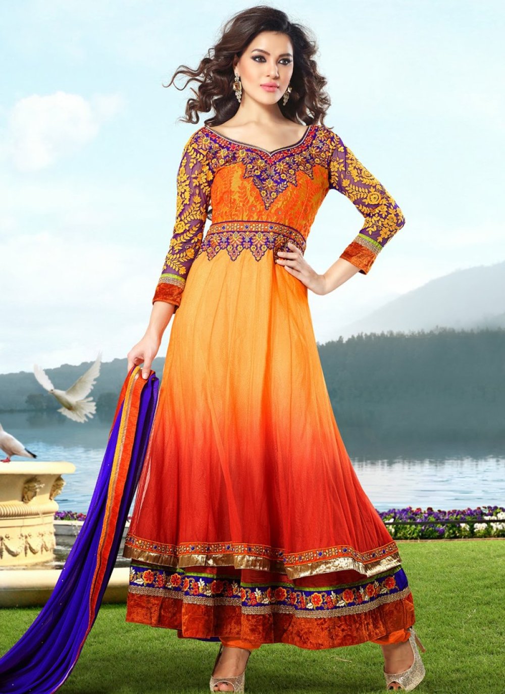 Orange Velvet Patch Work Anarkali Suit