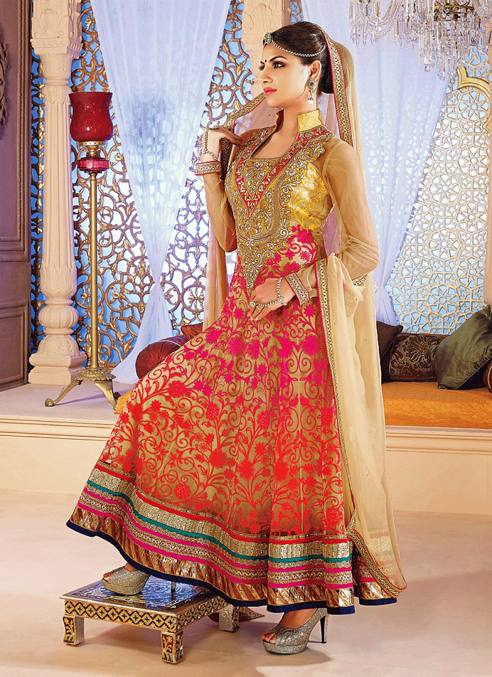 Red And Cream Net Anarkali Suit