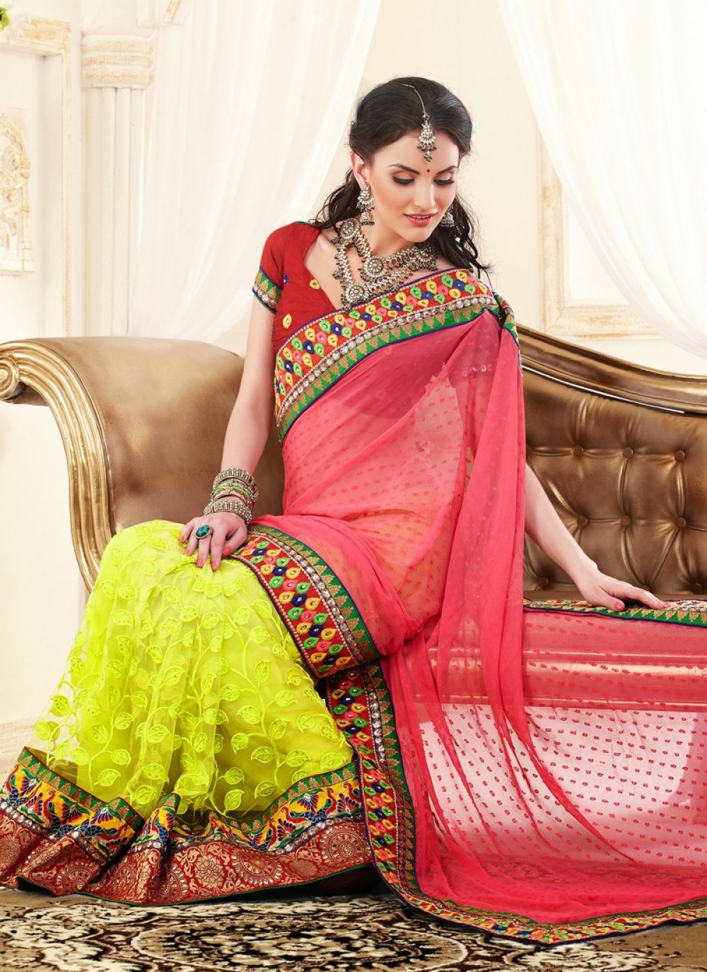 Red And Green Jacquard Half And Half Saree -